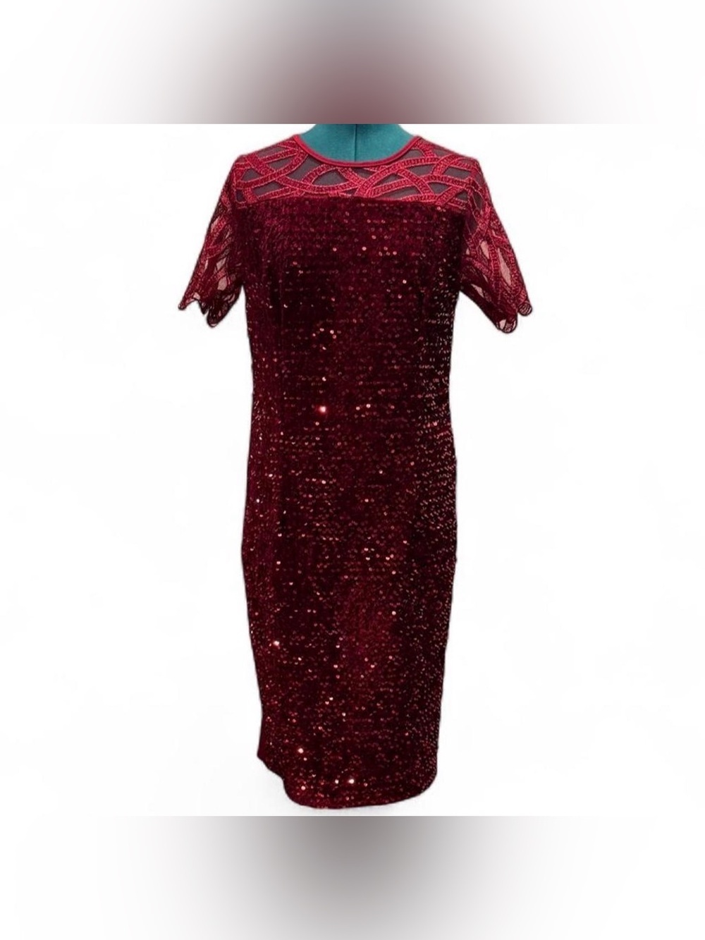 Embellished Burgundy Sequin Midi Dress with Lace Yoke